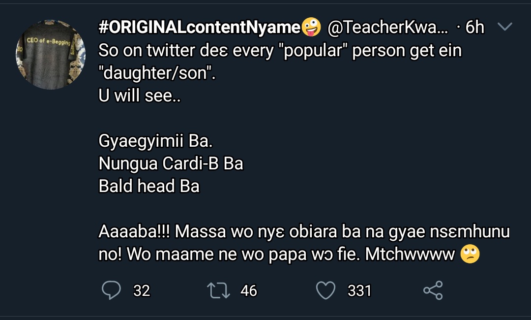 1. From Winter Studios, Summary On Today's Gist: A ThreadTeacher Kwadwo said every popular person on twitter GH has one of their fans naming themselves 'Ba'. He added these people should reason cos your parents home don't know anything about your new birth certificate.