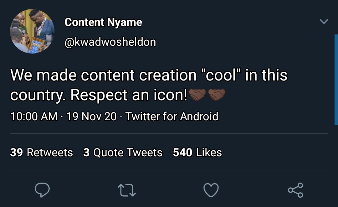 2. Kwadwo Sheldon Vs Teacher KwadwoSheldon tweeted saying he's one of the icons that made content creation cool in this country till Teacher Kwadwo also tweeted that although lazy self-acclaimed Etikelenkele content creator lectured in universities he wasn't drafted by Huawei