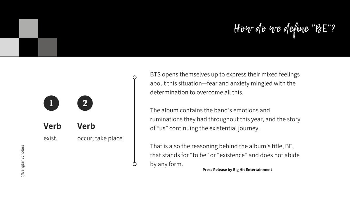 "BE"¬verbexist; occur; take place. @BTS_twt  #방탄소년단  #LifeGoesOn  #BETODAY  #BTS_BE
