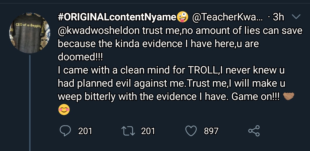 9. Some receipts dropped talking about Sheldon's rape comments had different years eiii. Why Facebook them be two?? Anyway, Teacher Kwadwo told Kwadwo Sheldon that he should be calming down with his evil plans cos the evidence he has against him will ruin his career later. Kaish