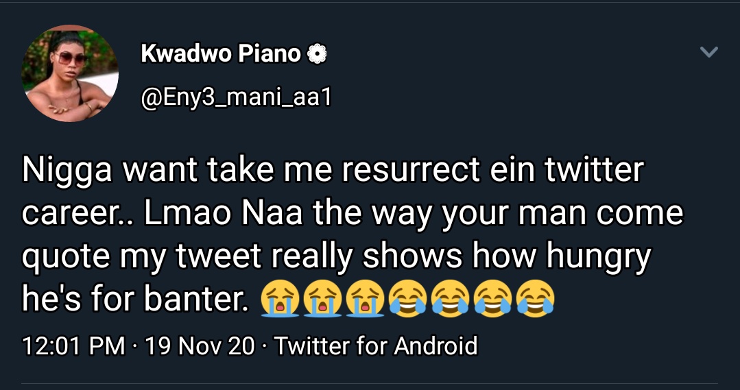 11. Kwadwo Piano Vs SterlingKwadwo Piano stated Sterling is trying to do self put put(ahoshesh3) on issues that don't concern him. A little banter from Sterling made Piano add he's just trying to resurrect his dead Twitter career with me.Wahala for who no get Twitter branding