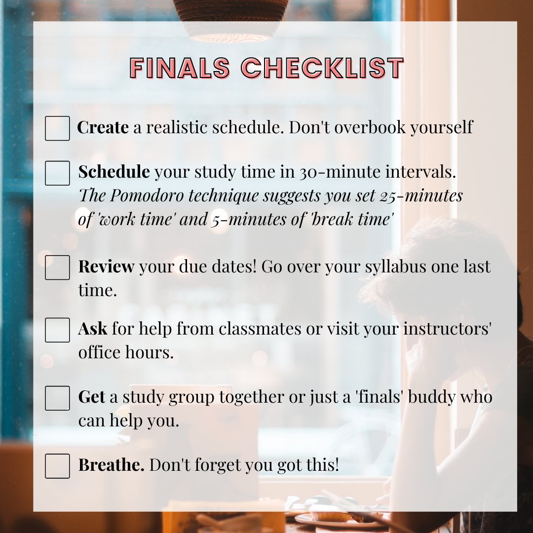 Finals are soon approaching and here is a quick checklist of things to get done. 

Be confident, we know you've got this!

#finalsweek #college #checklist #