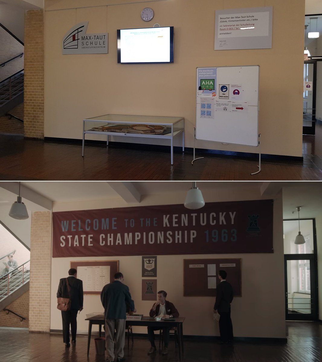 Visiting filming locations is hard due to Covid, so I'm happy to see a big production filmed just 10 minutes away from home: The Henry Clay high school of Lexington/Kentucky, where Beth has her first tournament in #TheQueensGambit, is the Max Taut school in Berlin Rummelsburg...