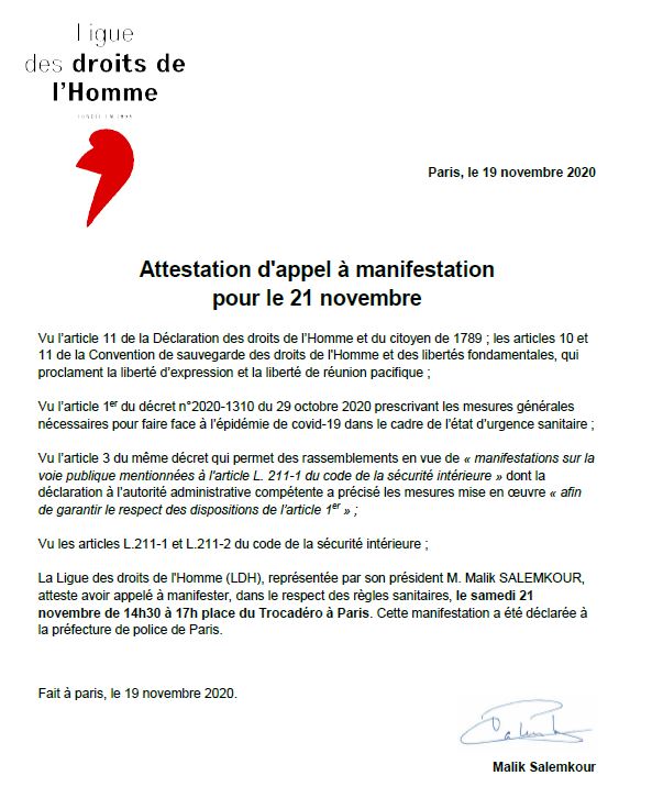 LDH_Fr's tweet photo. #StopLoiSecuriteGlobale | Kit de mobilisation à télécharger pr manifester massivement ce samedi 21 à 14h30 à Paris &amp; ailleurs
✓ Attestation #LDH d'appel à la manif'
✓ Attestation dérogatoire de circulation pour manifester
✓ Fiche Nos droits actualisée
https://t.co/LwUqvKdP85 https://t.co/oZNw8ap13I