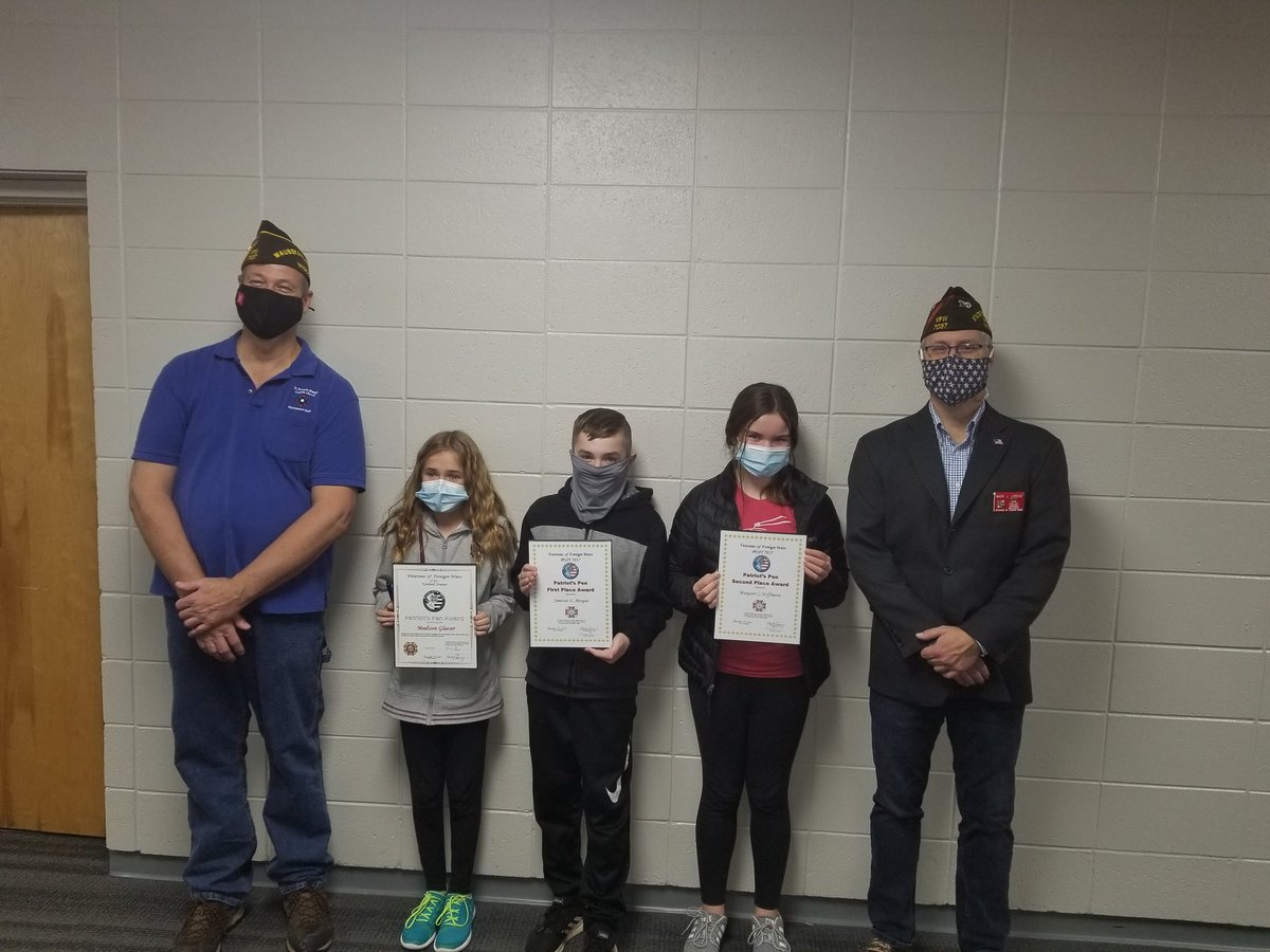 Congratulations to our Patriot's Pen essay winners.  Thank you Mr. Fatla and Mr. Lorenz from VFW Post 7037.