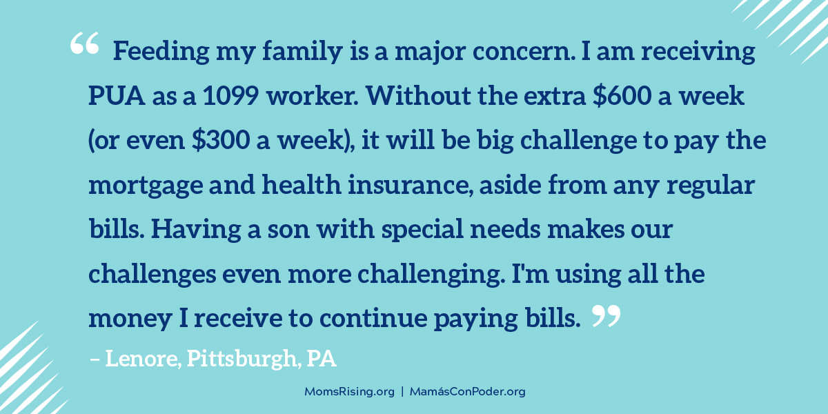 MomsRising's tweet image. 12 million Americans like Lenore will lose their income when the federal PUA &amp;amp; PEUC unemployment programs expire the day after Christmas if the @senatemajldr &amp;amp; @SenateGOP do not act! Moms like Lenore don&apos;t get a vacation from their bills and worries. Tell the Senate to #ExtendUI!