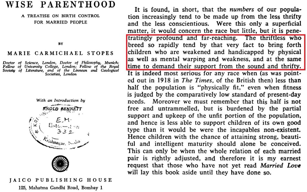 THREAD/ Marie Stopes Book: Wise ParenthoodStopes bemoaned “thriftless who breed so rapidly” who “bring forth children who are weakened and handicapped by physical as well as mental warping and weakness, and at same time demand support from the sound and thrifty.”  #Eugenics