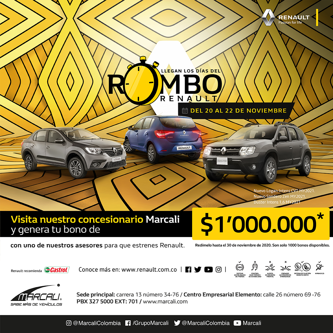 MarcaliColombia's tweet photo. ¡Vuelven los días del #RomboRenault a #Marcali!

No dejes pasar la #oportunidad del 20 al 22 de #Noviembre. 🚗

Ven a la carrera 13#34-76 y disfruta este #bono especial. https://t.co/l7DnDF7N47
