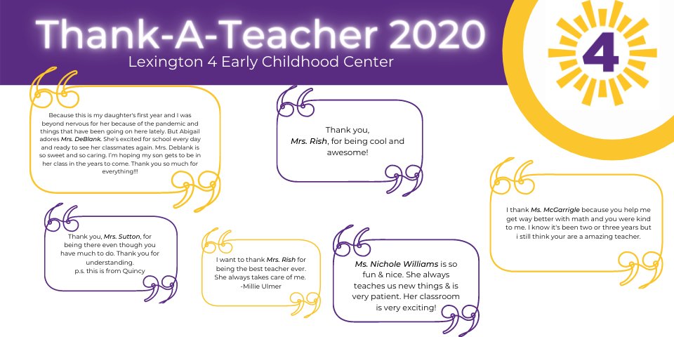 We love these sweet messages from our students at the Lexington 4 ECC! 

You can still send a message or upload a video to our teachers until Nov. 30 at one of the links below:
Send a regular message: forms.gle/yvT1WcuFZeJev8…
Send a video message: forms.gle/P7jHybFeNvmAmo…