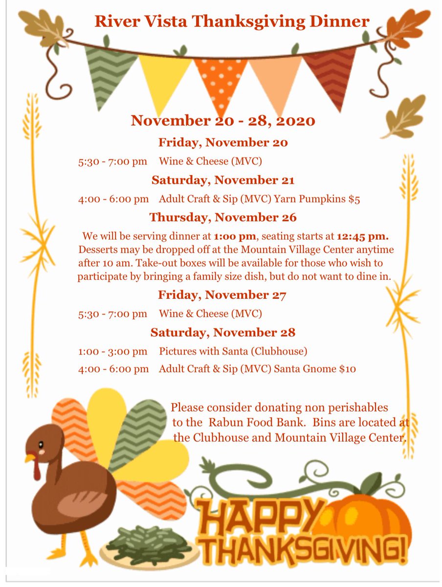 RiverVistaRV's tweet photo. Here is our schedule for the upcoming week! Join us for Thanksgiving dinner!

Facebook: @RiverVistaRVResort
Instagram: @rivervista https://t.co/FYX2QfAw4X