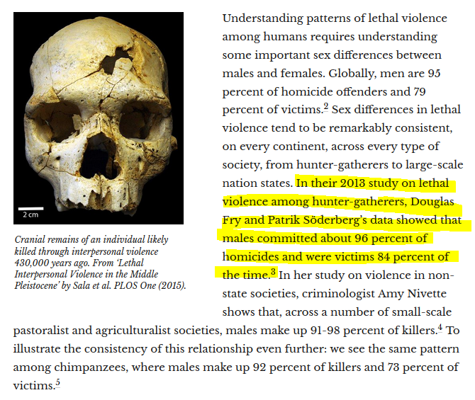 Pattern is pretty clear-cut across hunter-gatherer societies  https://quillette.com/2018/02/24/behavioral-ecology-male-violence/  https://twitter.com/Evolving_Moloch/status/942096199246536704