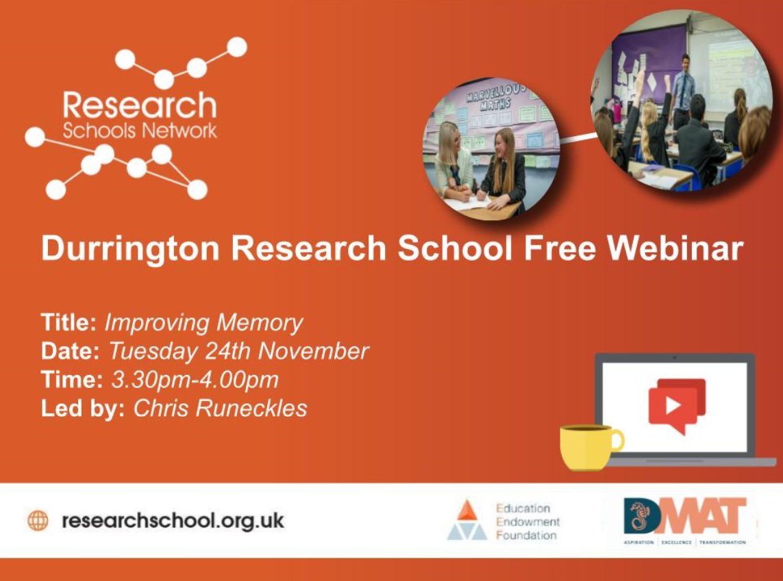 DurringResearch's tweet photo. Our next FREE webinar led by @chris_runeckles on 'Improving Memory' is next week.
Registration here:
https://t.co/kJNDoNZYlt
#ResearchSchoolNetwork https://t.co/22TwoMIzP4
