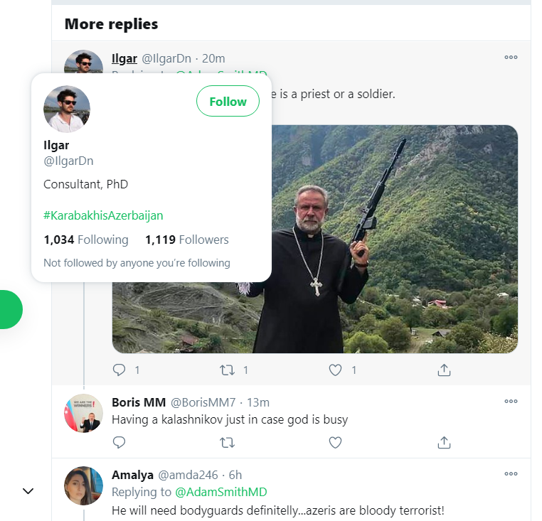 AdamSmithMD's tweet photo. "He is a protector &amp; a defender of his people, religion, house of worship &amp; Jesus Christ"- I answered to the Consultant, PhD with a questionable bio whose Consult/PhD seems to be directed toward spreading Anti-Armenianizm &amp; hate towards Armenian ethos in every dimension possible! https://t.co/ZvZWyoPpJp