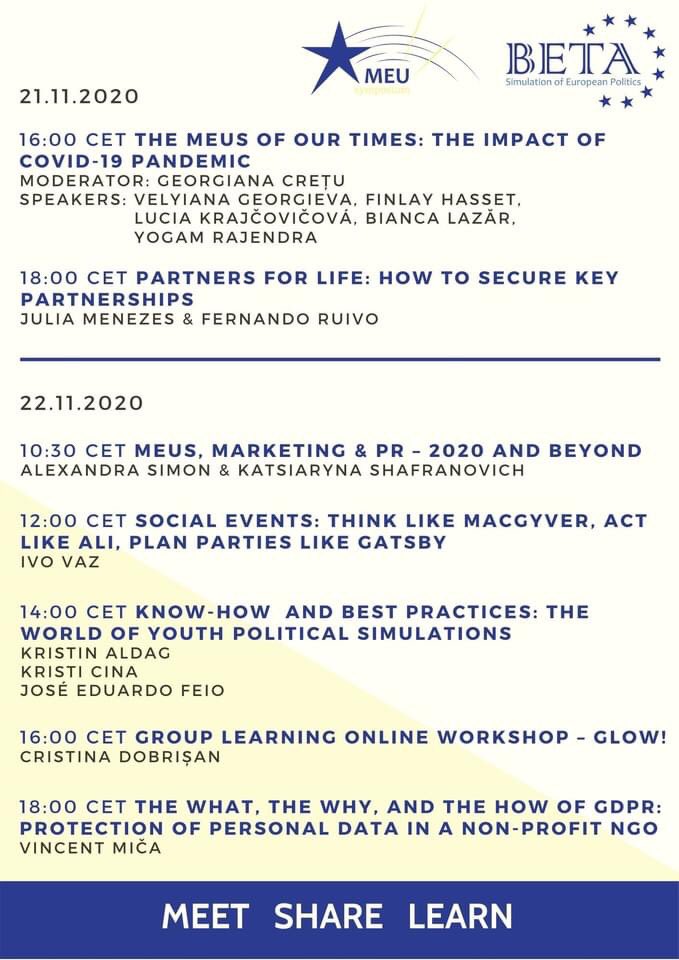 BETA_Europe's tweet image. #MEUSymposium2020: 4 days, 16 workshops/panels, 33 speakers, ONE unique learning environment!

Wanna know how #ModelEU looks behind the curtains? Maybe you want to organize your own and have no clue where to start?

Then check out our schedule and join us!