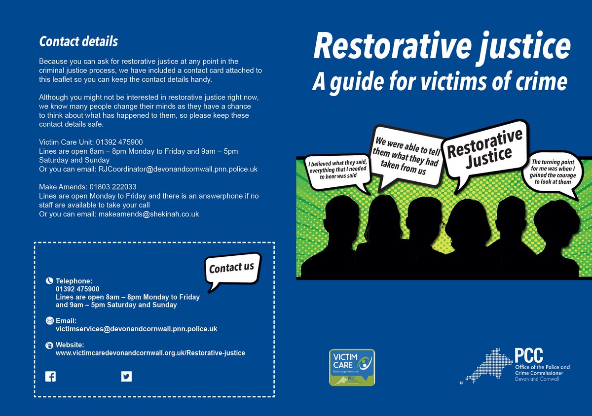 VictimCare's tweet photo. During #RJWeek2020 we have launched a new information leaflet where you can find out more about how to access Restorative Justice if you are a victim of crime within #DevonAndCornwallPolice https://t.co/6R3i0O4zRP