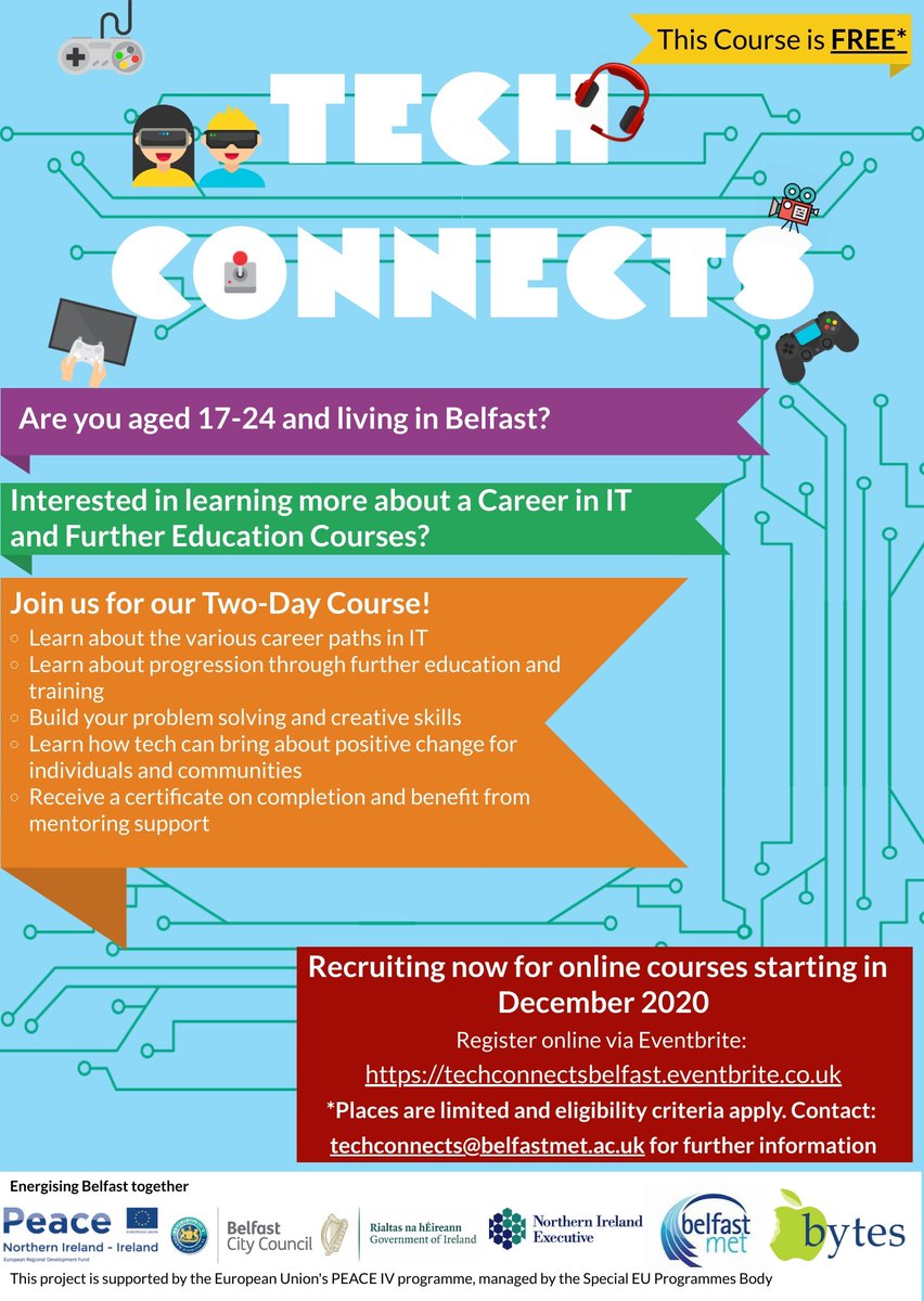 e3_belfastmet's tweet image. @bfastmet @BelfastHourNI
Interested in #Gaming?🎮🕹️ #IT?💻📱
💡Tech Connects is a fun & interactive online course for 17-24yr olds living in Belfast to learn about careers in #IT
📅16&17 December
💸FREE
Click to learn more 🔽
ow.ly/vtcu50CnWnG
#PEACEIV@SEUPB@belfastcc