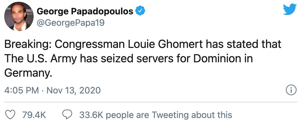 Rep. Gohmert's (R-Tx.) reference to the German tweet was then echoed by former Trump campaign adviser George Papadopoulos on Twitter.Except Papadopoulos incorrectly said that Gohmert had mentioned Dominion when he had actually mentioned Scytl.