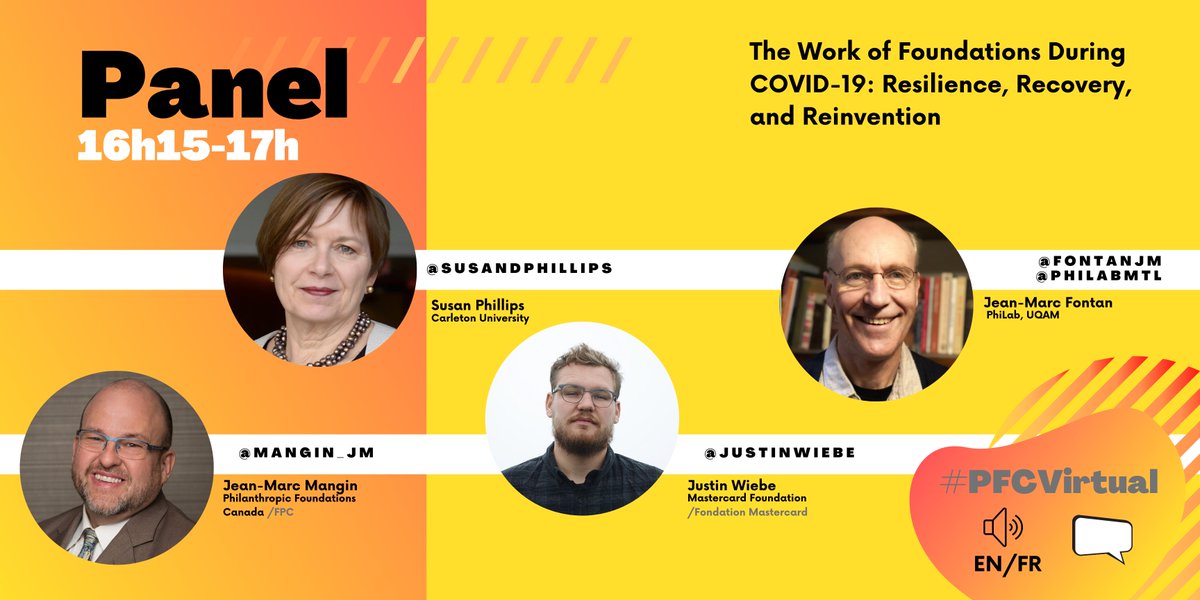 Closing Day 3 of #PFCVirtual, @PhilanthropyCDA Board Member @justinwiebe, @Fontanjm @PhiLabMTL, @SusanDPhillips @Carleton_U, @Mangin_JM will discuss resilience, recovery, and reinvention inspired by philanthropic practices adopted by foundations during their #covid19response