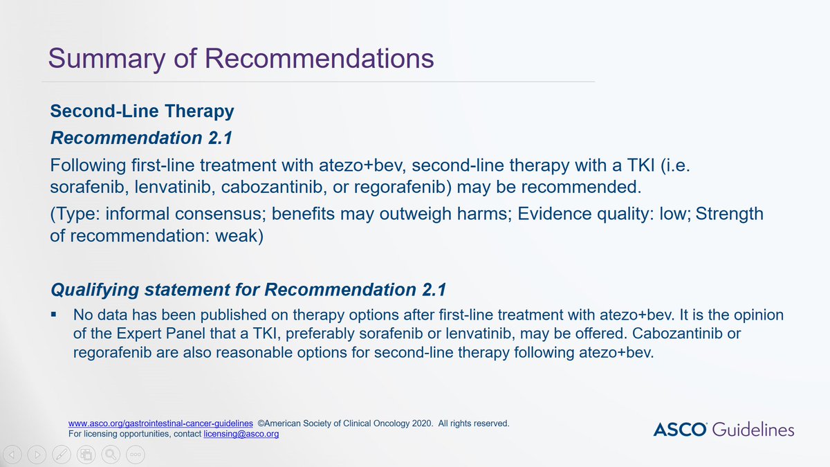 Systemic therapy for HCC-- 2nd Line Therapy:If Atezo/Bev 1st line -> sorafenib/lenvatinib Can consider cabozantinib/rego too #ascoguidelines #hbpsm