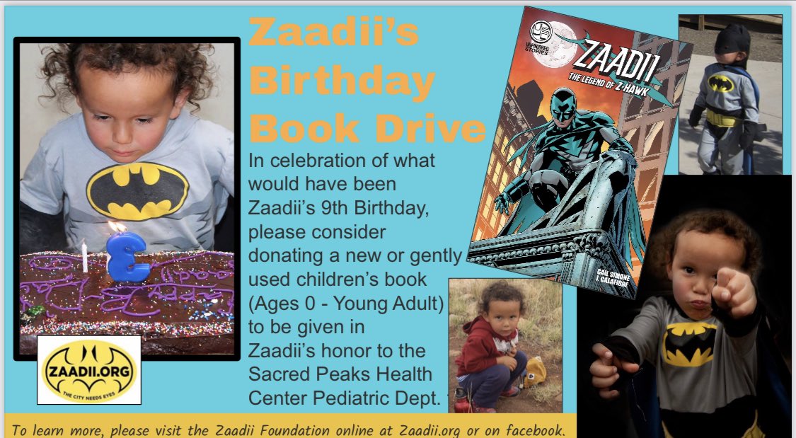 tsoinspired's tweet photo. Please consider donating new and/or gently used children's and young adult books (ages 0 - 18). All books will go to the Sacred Peaks Pediatrics Literacy Project. 

Receive a ZAADII Comic Book with All donations made at Brightside Bookshop.

Thank you, and please Drive Mindfully! https://t.co/LTMWD5s990