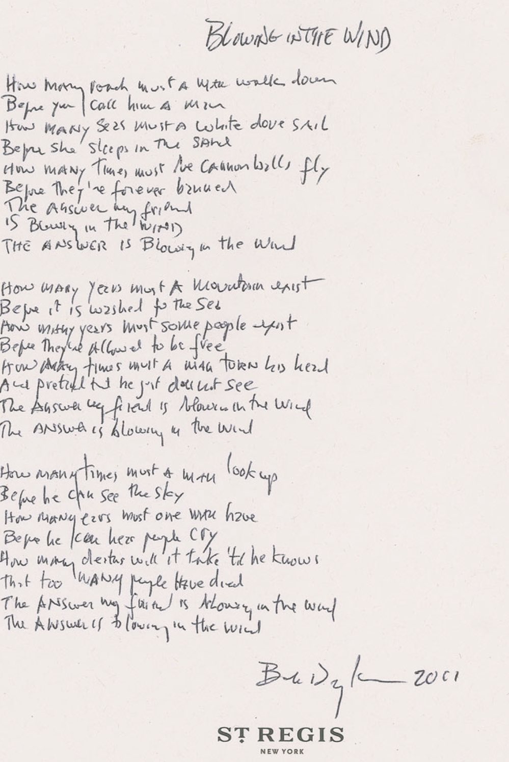 Darren Rovell 108 253 75 What Someone Paid Tonight For The One Page Of Lyrics To Blowing In The Wind Filled Out On Hotel Stationary In 11 By Bob Dylan At An