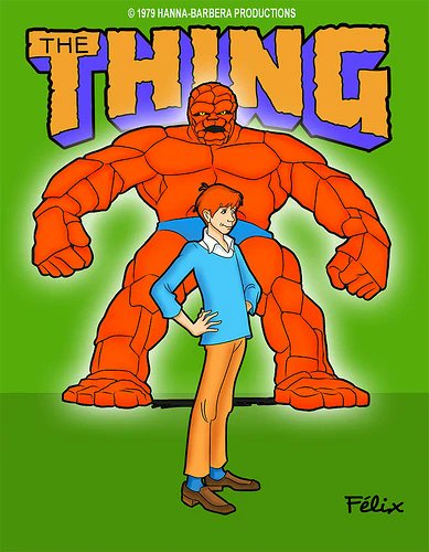 Hanna Barbara adapted him to a new block of Flintstones cartoons called the Flintstones meet the Thing..they never met. What it was, was the Thing Cartoon gave him a Shazam set up where he was a teen who TRANSFORMED into the thing with two rings.
