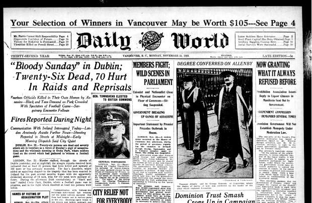 This day 100 years ago – 21 November 1920 – 14 men were shot dead on the orders of Michael Collins. Later, members of the Royal Irish Constabulary Auxiliary Division opened fire at a Gaelic football match in Croke Park, killing 14 people. The day became known as ‘Bloody Sunday.’