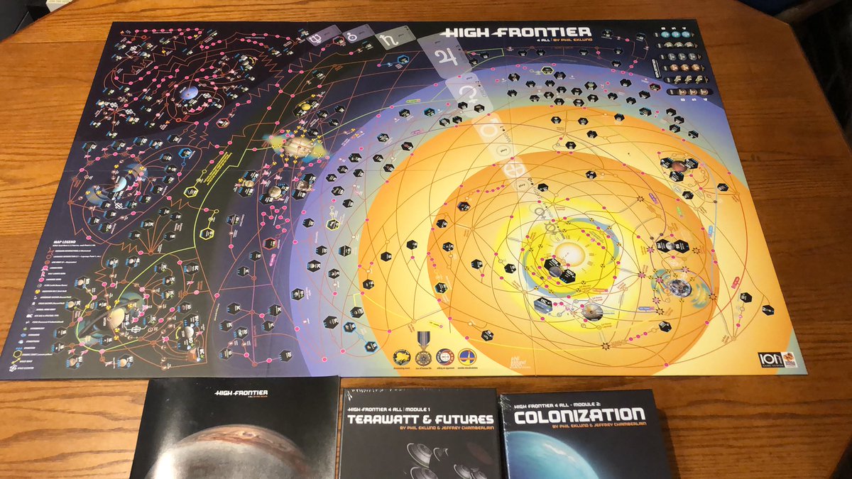 High Frontier. Been waiting years to get my hands on this one! If you played SpaceCorp and thought “This game is fun, but what if it was also borderline incomprehensible?” this might just be for you.