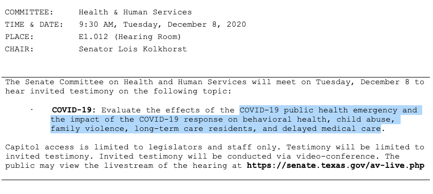 putkids1st's tweet photo. Big #TXlege hearing on Dec. 8.

Lots of concerns about how COVID has affected our mental health, increased the risk of child abuse, kept kids from check-ups, and disrupted the lives of kids &amp; parents.

Key topics for next session. Thanks @loiskolkhorst for convening the hearing. https://t.co/lT1JN7umQF