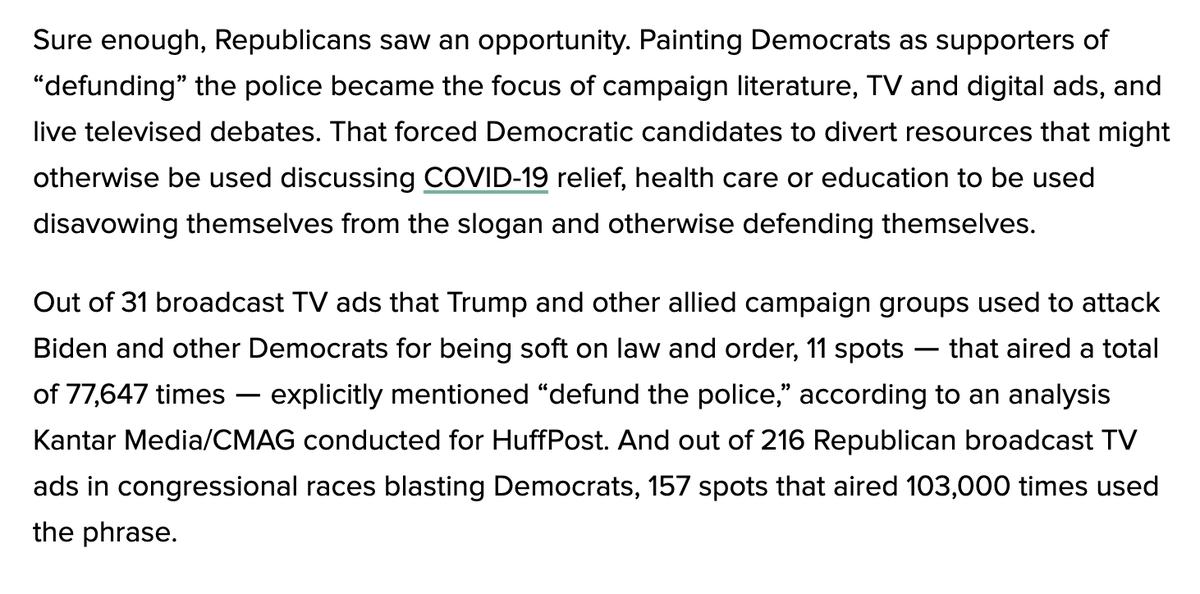 Key figures on the "defund the police" attacks, via  @Kantar:Trump and allied groups used the attack in ads that aired 77,647 times; congressional Rs, allies used it 103,000 times.Biden did not directly rebut it on TV; congressional Ds did in ads that aired 22,000 times.