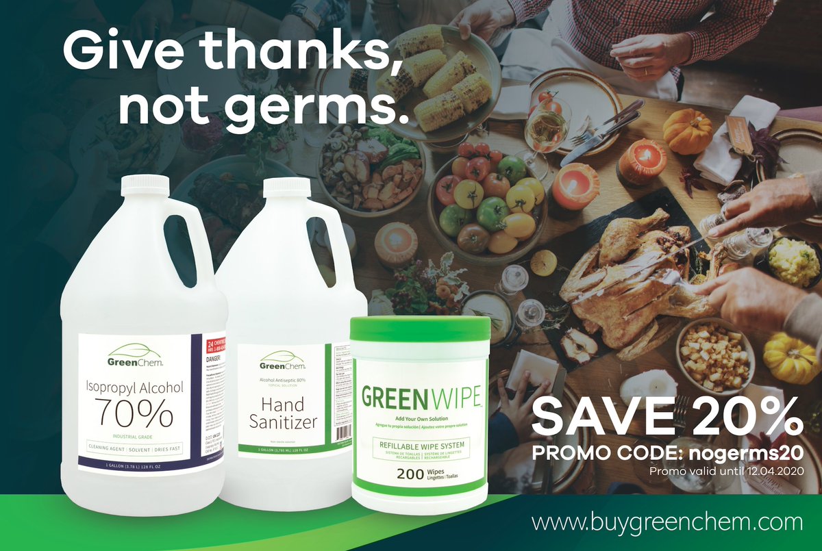buygreenchem's tweet photo. Give THANKS, not germs.
#BuyGreenChemThanksgiving

20% OFF until 12.04.20
PromoCode: nogerms20

https://t.co/RLxdeNIe26 https://t.co/Ya2yDeLW5t