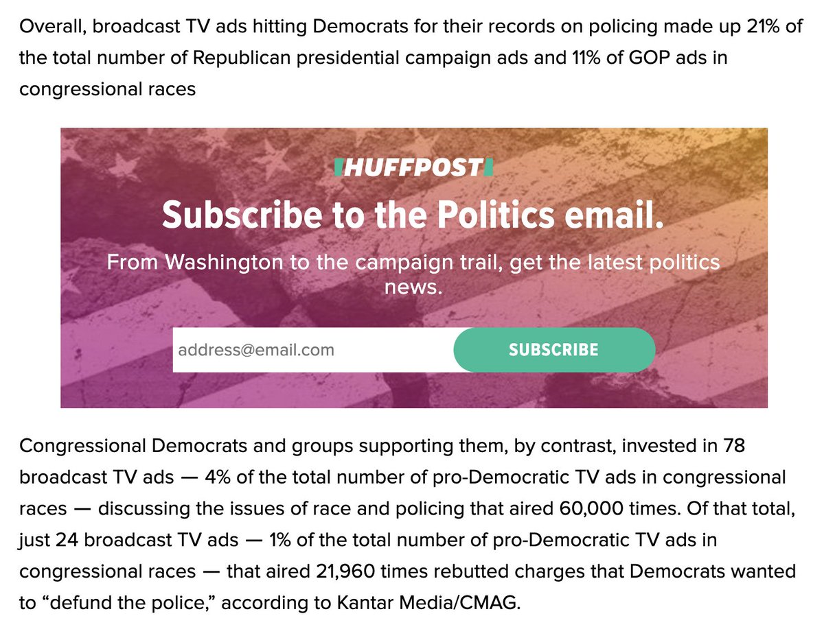 Key figures on the "defund the police" attacks, via  @Kantar:Trump and allied groups used the attack in ads that aired 77,647 times; congressional Rs, allies used it 103,000 times.Biden did not directly rebut it on TV; congressional Ds did in ads that aired 22,000 times.