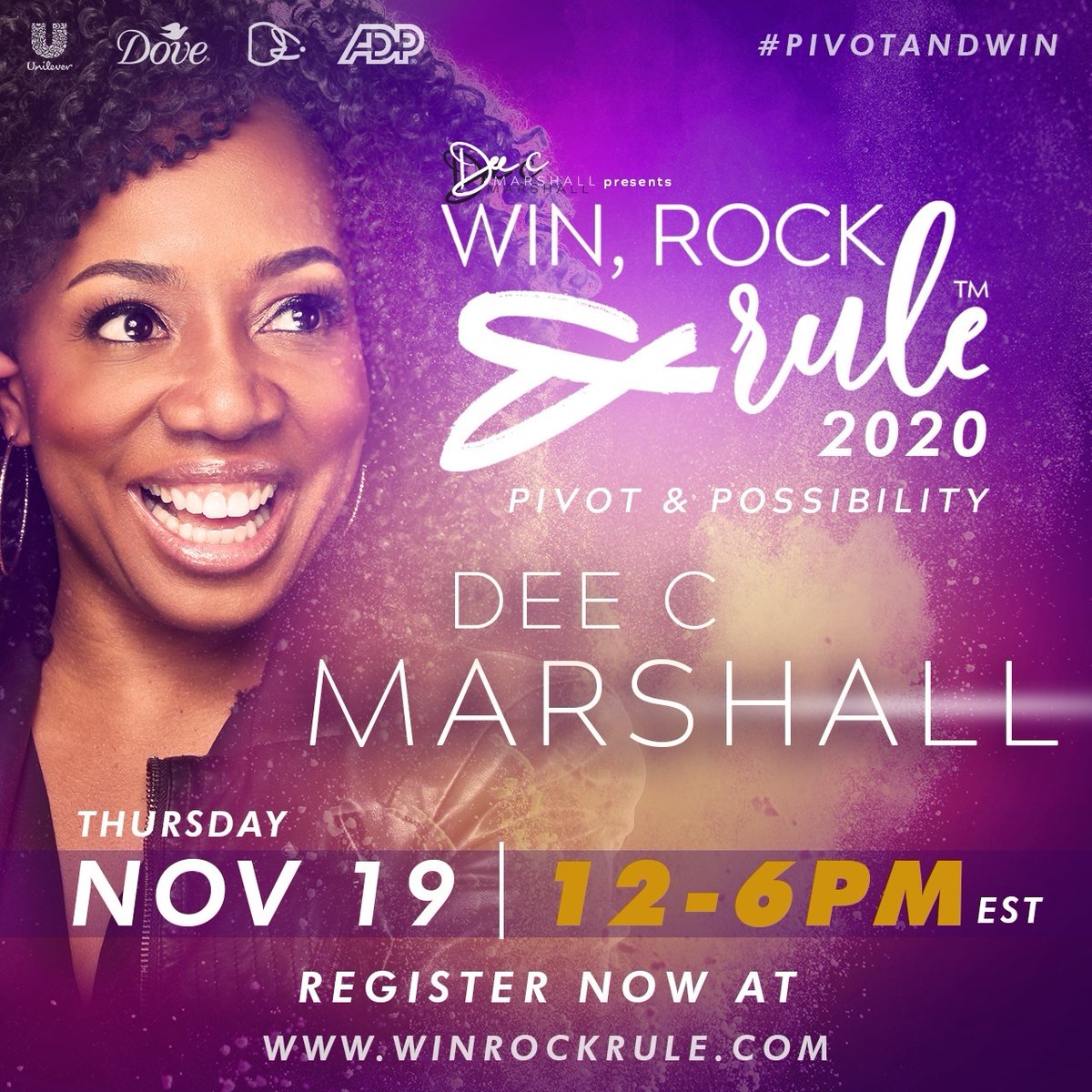 DeeCMarshall's tweet photo. Join us for #VitaminDee and our close out ceremony to learn how you can win a spot to the Win, Rock & Rule Retreat 2021! Join the livestream 💻 https://t.co/b7VI8j13kT
#PivotandWin #WinRockRule https://t.co/niXpYQuIzD