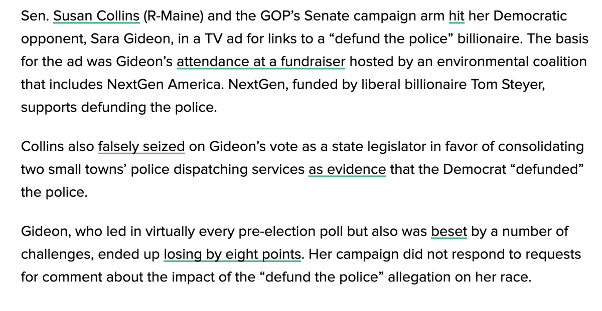 I also looked at how many top left-wing pols and organizations embraced the slogan and the room it gave Rs to use guilt by association.For example, GOP used NextGen's stance to blast Sara Gideon.A political faux pas by stakeholders, or just testament to GOP ruthlessness?