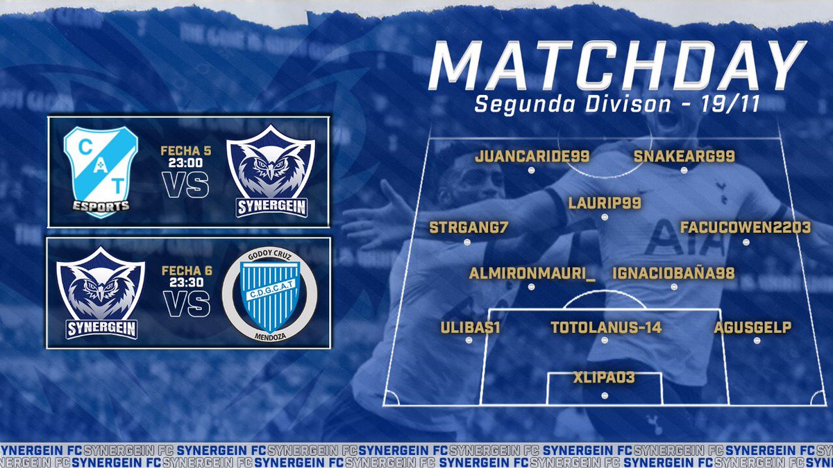 #Synergein | #SegundaDivision  

🗓️FECHA 5
🕚23:00
🆚<a href="/TemperleyES/">Temperley eSports</a> 

🗓️FECHA 6
🕚23:30
🆚 <a href="/GodoyCruzeS/">Godoy Cruz eSports</a> 

📺 Twitch.tv/synergeinfc

#VamoSynergein 🦉