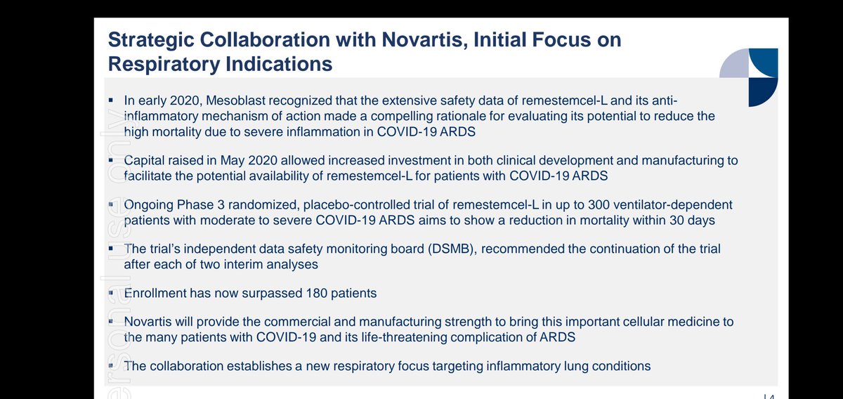 moinzaman's tweet photo. $MSB $MESO big pharma deal! Novartis partnership for patented remstemcel-l in #COVID and other ARDS. Global license to develop and produce, may fund 50/50 profit. 50M upfront, 25M in equity. They will fund P3 trial. MSB to retain GVHD rights. Next growth wqve! #stemcells future! https://t.co/fMJmhdGQfK