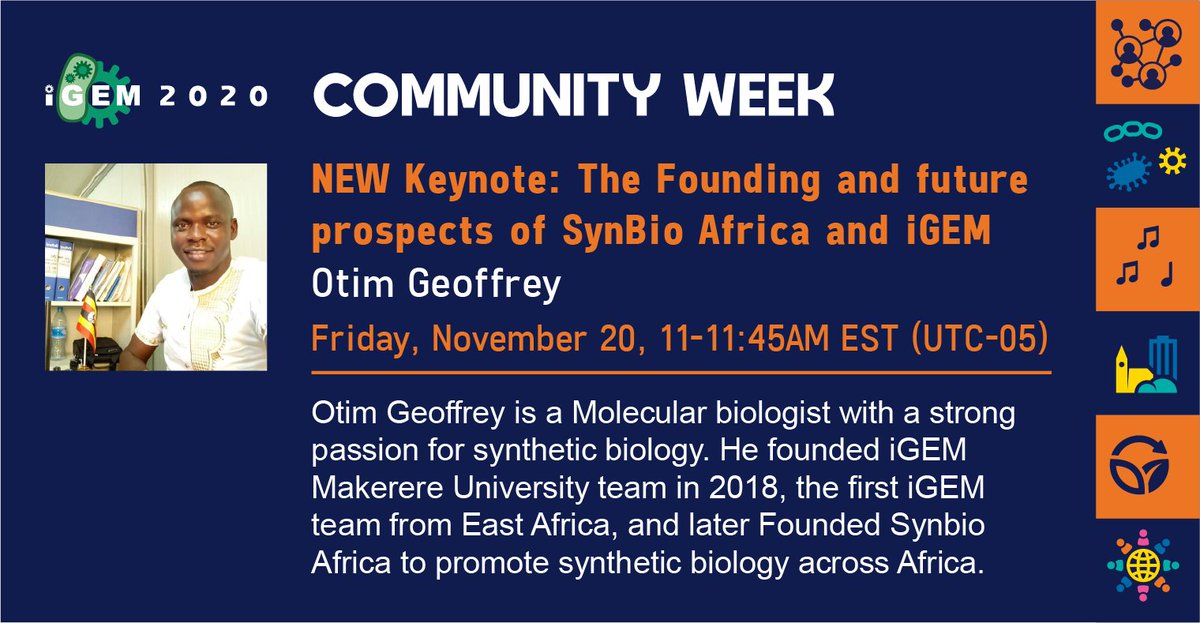 iGEM's tweet photo. The Keynote Session “The Founding and future prospects of SynBio Africa and iGEM" with @otimgeoffrey25 starts in 30 minutes!
Stream Live on our website: https://t.co/6lleOS3q8x or in My iGEM app: https://t.co/ejWayeYRhA
#iGEMCommunityWeek @SynBioAfrica https://t.co/9jwr99Wh8z