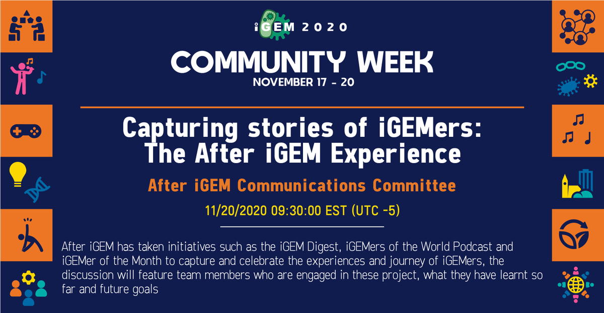 iGEM's tweet photo. The panel discussion "Capturing stories of iGEMers: The After iGEM Experience" by iGEM Ambassadors & @AfteriGEM Communications Committee starts in 5 minutes!
Join in the My iGEM app: https://t.co/ckZXw0EPKe
#iGEMCommunityWeek https://t.co/sagW0XvBK2