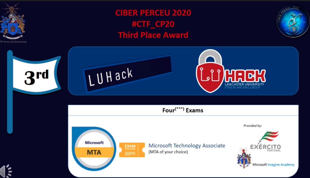 LancsUniHackers's tweet photo. Today we placed third (of 50+) in the Portuguese Army Cyber Defence Exercise CTF, CIBER PERCEU 2020, beating numerous government, defence, and banking sector teams in DFIR challenges! Very pleased with the result of our first international (and non-student) CTF of the year! https://t.co/KwDRQgt6PN