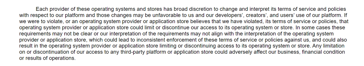 6th "Risk Factor" is on how Apple and Google could harm their business through policy changes, non-support, non-approval, etc.YTD: - 34% of revenue from iOS, 18% Google Play- 68% of total engagement from users acquired through both