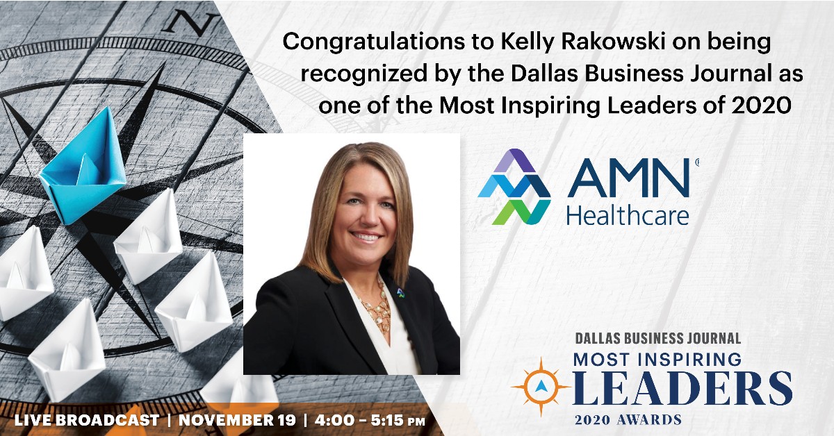 AMNHealthcare's tweet photo. Kelly Rakowski, AMN Group President & COO of Strategic Talent Solutions, has been honored with 13 leaders in North Texas for courageously leading the region through an ongoing health care crisis and economic disruption. #MostInspiringDFW
https://t.co/wNETU5ePFZ https://t.co/EtvyFvS0nZ