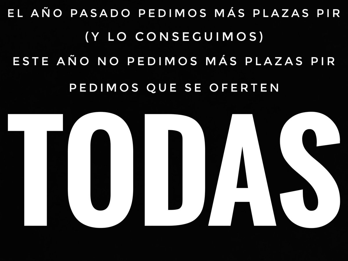 No queremos #MásPlazasPIR

Queremos #TodasLasPlazasPIR

Tenemos hasta el 30 de noviembre para hacernos escuchar por los gobiernos de las comunidades autónomas, que son quienes tienen la última palabra sobre el número de plazas que se convocan.

¡#Comparte!