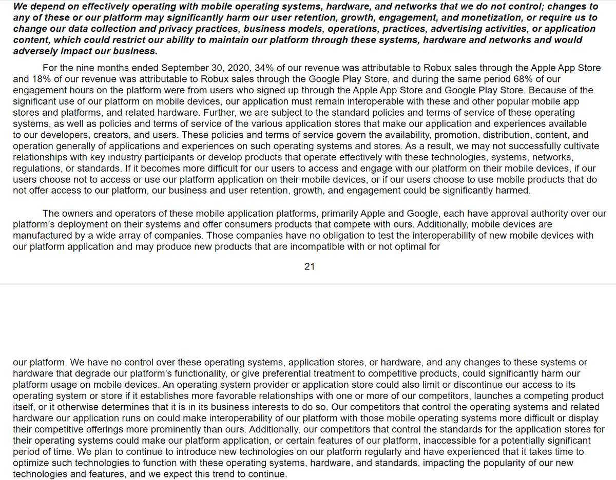 6th "Risk Factor" is on how Apple and Google could harm their business through policy changes, non-support, non-approval, etc.YTD: - 34% of revenue from iOS, 18% Google Play- 68% of total engagement from users acquired through both