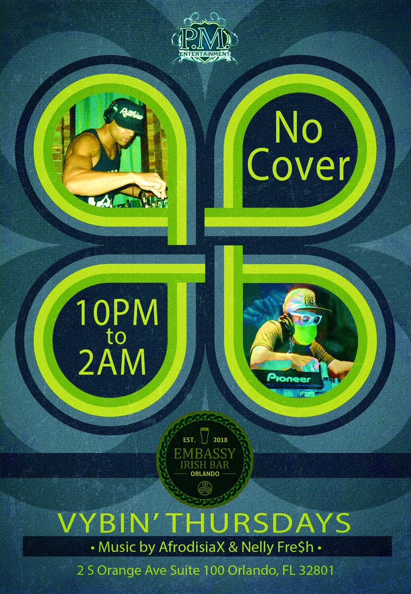 PMENTWORLDWIDE's tweet image. Tonight and every thursday night at Embassy Irish Bar in downtown Orlando with AfrodisiaX and Nelly Fre$h.  See you there!  No cover.
Event page:  fb.me/e/3Q7BNZNTu
Please RSVP #breakbeat #housemusic #openformatmusic #downtownorlando