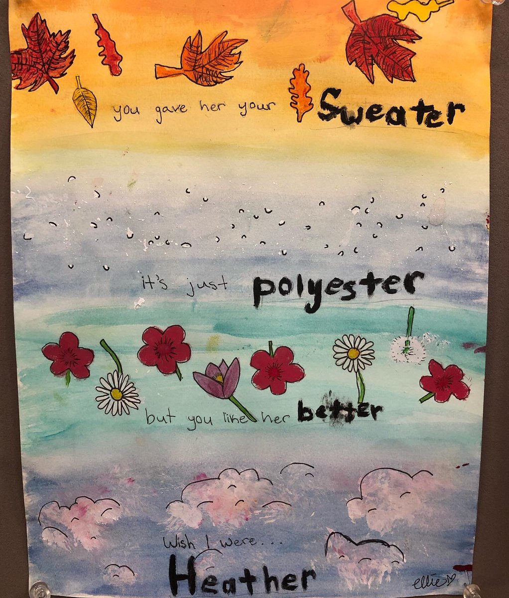 FallsArt's tweet photo. 8th graders chose lyrics from a favorite song to illustrate using their choice of media. An annual favorite! 🎶 Music &amp; Art are so deeply intertwined. #songlyrics #middleschoolart #8thgradeart https://t.co/dJwRDtKTFg