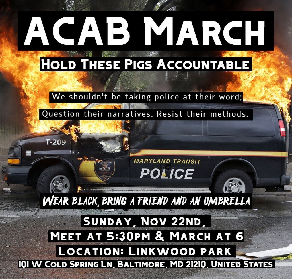 GKMCBmore's tweet photo. Location Drop: Sunday in Linkwood Park! Meet us at 5:30, March at 6. 
And remember ACAB #FUCK12 #BaltimoreProtest https://t.co/wIfExdaDo8