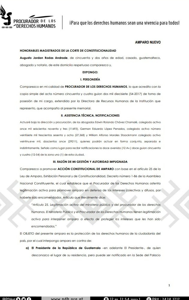 EmisorasUnidas's tweet photo. #EUNacionales El @PDHgt, @JordanRodas, presenta amparo ante la @CC_Guatemala para garantizar el derecho de reunión y manifestación, locomoción y libre expresión del pensamiento de las personas que participen en manifestaciones que se pudieran realizar. https://t.co/vcZ2qb5L6P