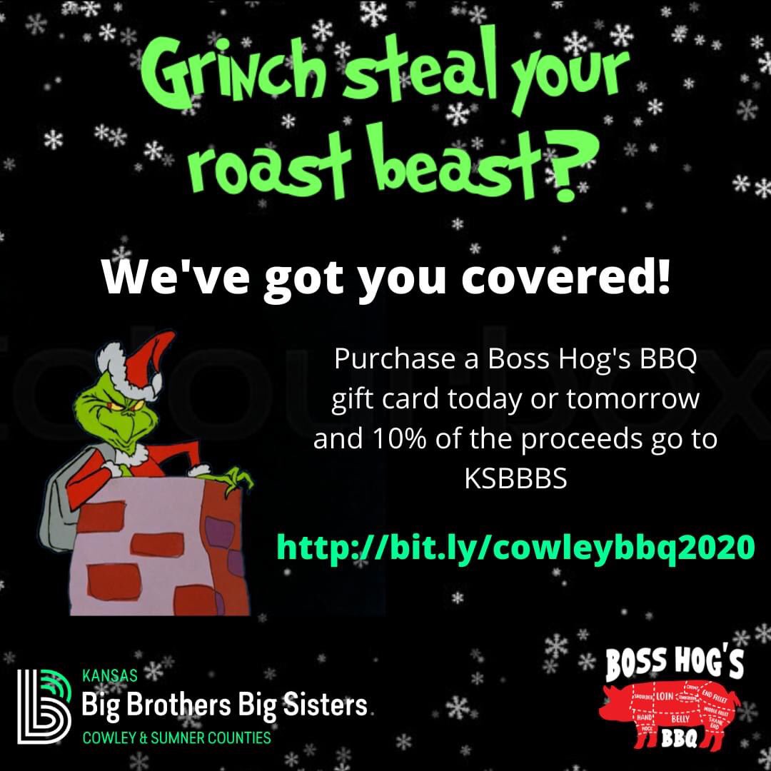 ChiefBurr101's tweet photo. Friends in Ark City - Winfield
Give the gift of smoked meats this holiday AND help a great organization at the same time!
#BigBrothersBigSisters
#CowleyCounty https://t.co/CV9hFABcWJ