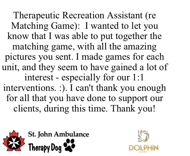 SJA_TO's tweet photo. Our Therapy Dog Handlers have been so creative in staying involved with their facilities from sending in photo matching games, doing virtual games and different virtual events! We want to acknowledge all of their hard work and share the amazing response we have received. https://t.co/A4XvoghzDs