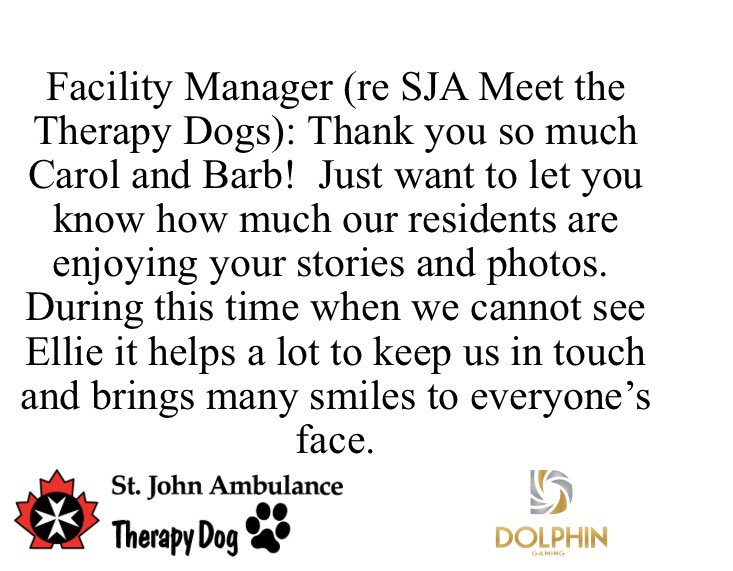 SJA_TO's tweet photo. Our Therapy Dog Handlers have been so creative in staying involved with their facilities from sending in photo matching games, doing virtual games and different virtual events! We want to acknowledge all of their hard work and share the amazing response we have received. https://t.co/A4XvoghzDs
